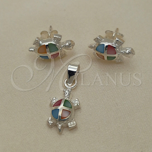 Juego de Arete y Dije de Adulto 10.399.0014 Plata Rodinada, Diseño de Tortuga, con Madre Perla Multicolor, Pulido, Tono Plateado