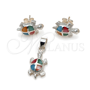 Juego de Arete y Dije de Adulto 10.399.0014 Plata Rodinada, Diseño de Tortuga, con Madre Perla Multicolor, Pulido, Tono Plateado