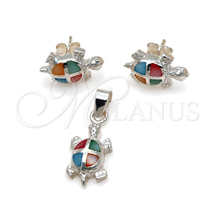 Juego de Arete y Dije de Adulto 10.399.0014 Plata Rodinada, Diseño de Tortuga, con Madre Perla Multicolor, Pulido, Tono Plateado