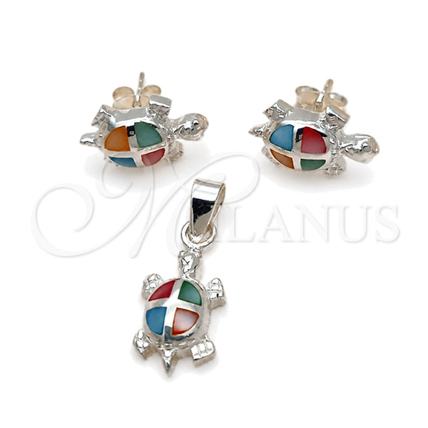 Juego de Arete y Dije de Adulto 10.399.0014 Plata Rodinada, Diseño de Tortuga, con Madre Perla Multicolor, Pulido, Tono Plateado