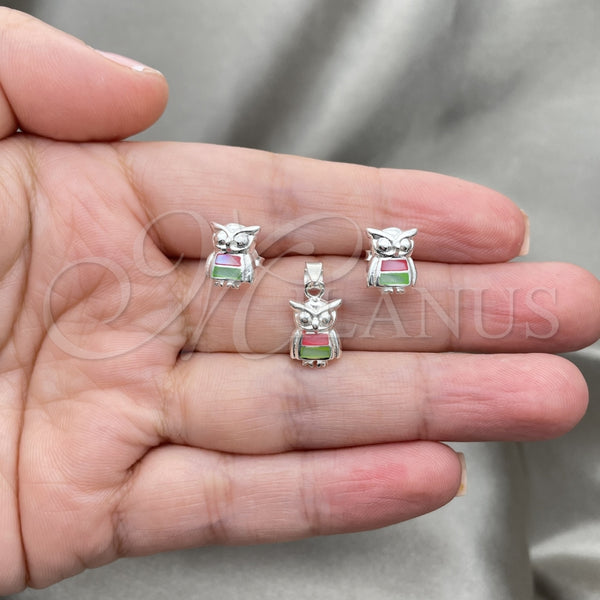 Juego de Arete y Dije de Adulto 10.399.0015 Plata Rodinada, Diseño de Búho, con Madre Perla Multicolor, Pulido, Tono Plateado