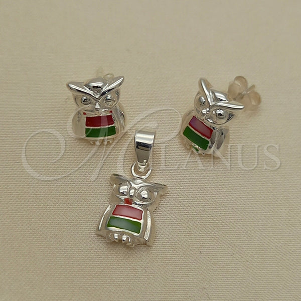 Juego de Arete y Dije de Adulto 10.399.0015 Plata Rodinada, Diseño de Búho, con Madre Perla Multicolor, Pulido, Tono Plateado