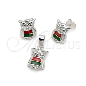 Juego de Arete y Dije de Adulto 10.399.0015 Plata Rodinada, Diseño de Búho, con Madre Perla Multicolor, Pulido, Tono Plateado