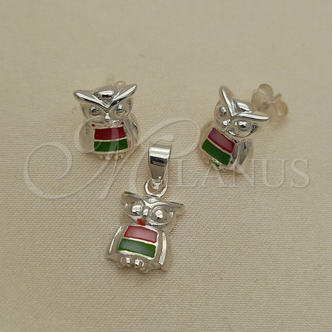 Juego de Arete y Dije de Adulto 10.399.0015 Plata Rodinada, Diseño de Búho, con Madre Perla Multicolor, Pulido, Tono Plateado