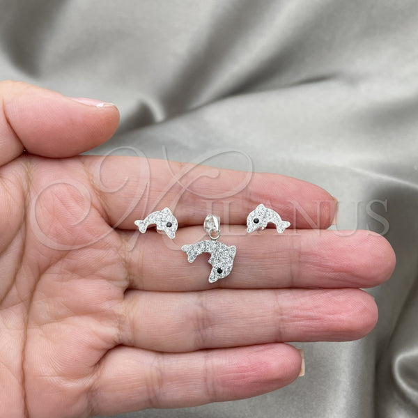 Juego de Arete y Dije de Adulto 10.406.0001 Plata Rodinada, Diseño de Delfín, con Cristal Blanca, Pulido, Tono Plateado