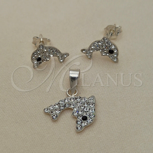 Juego de Arete y Dije de Adulto 10.406.0001 Plata Rodinada, Diseño de Delfín, con Cristal Blanca, Pulido, Tono Plateado