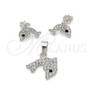 Juego de Arete y Dije de Adulto 10.406.0001 Plata Rodinada, Diseño de Delfín, con Cristal Blanca, Pulido, Tono Plateado