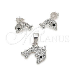 Juego de Arete y Dije de Adulto 10.406.0001 Plata Rodinada, Diseño de Delfín, con Cristal Blanca, Pulido, Tono Plateado