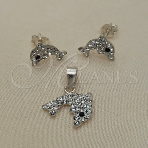 Juego de Arete y Dije de Adulto 10.406.0001 Plata Rodinada, Diseño de Delfín, con Cristal Blanca, Pulido, Tono Plateado
