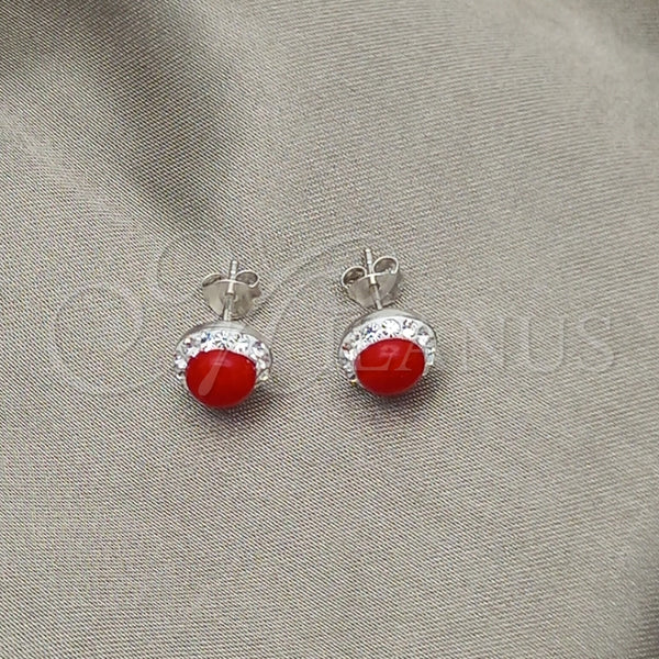 Arete Dormilona 02.399.0036.1 Plata Rodinada, con Zirconia Cubica Blanca y Perla Rojo Naranja, Pulido, Tono Plateado