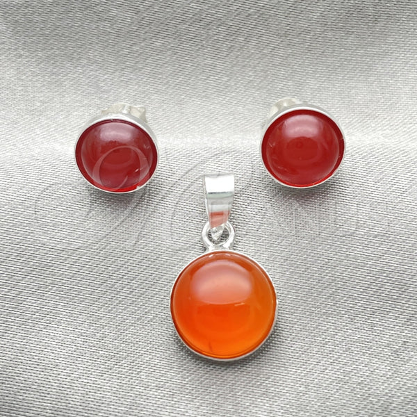 Juego de Arete y Dije de Adulto 10.392.0003 Plata Rodinada, con Perla Rojo Naranja, Pulido, Tono Plateado