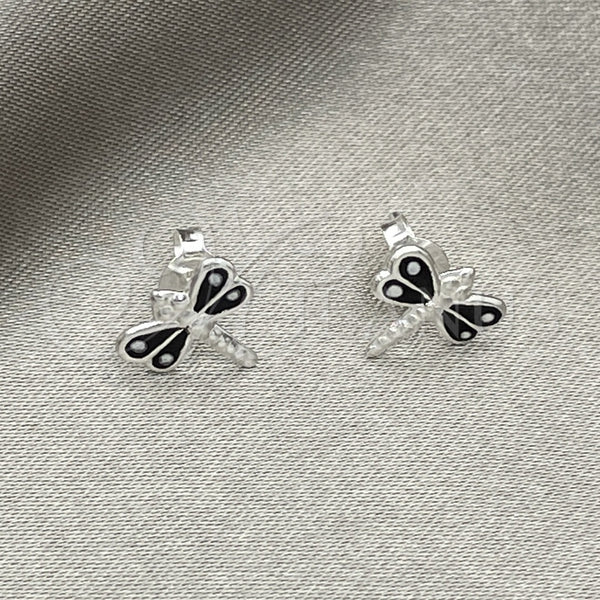 Arete Dormilona 02.406.0002.04 Plata Rodinada, Diseño de Libélula, Esmaltado Negro, Tono Plateado