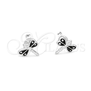 Arete Dormilona 02.406.0002.04 Plata Rodinada, Diseño de Libélula, Esmaltado Negro, Tono Plateado