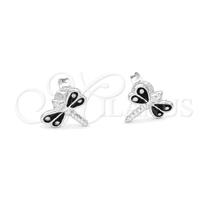 Arete Dormilona 02.406.0002.04 Plata Rodinada, Diseño de Libélula, Esmaltado Negro, Tono Plateado