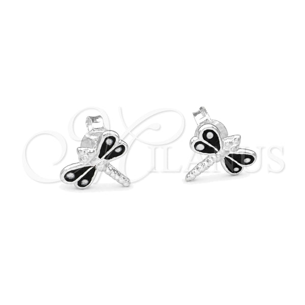 Arete Dormilona 02.406.0002.04 Plata Rodinada, Diseño de Libélula, Esmaltado Negro, Tono Plateado