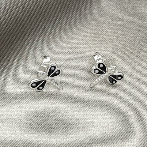 Arete Dormilona 02.406.0002.04 Plata Rodinada, Diseño de Libélula, Esmaltado Negro, Tono Plateado