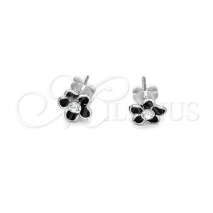 Arete Dormilona 02.406.0005.01 Plata Rodinada, Diseño de Flor, Esmaltado Negro, Tono Plateado