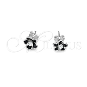 Arete Dormilona 02.406.0005.01 Plata Rodinada, Diseño de Flor, Esmaltado Negro, Tono Plateado