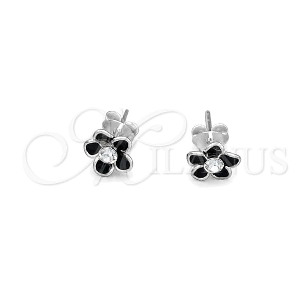 Arete Dormilona 02.406.0005.01 Plata Rodinada, Diseño de Flor, Esmaltado Negro, Tono Plateado
