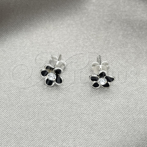 Arete Dormilona 02.406.0005.01 Plata Rodinada, Diseño de Flor, Esmaltado Negro, Tono Plateado