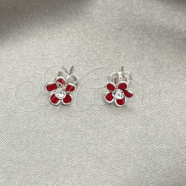Arete Dormilona 02.406.0005.02 Plata Rodinada, Diseño de Flor, Esmaltado Rojo, Tono Plateado