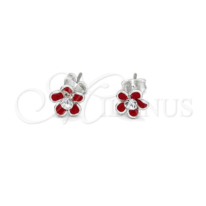 Arete Dormilona 02.406.0005.02 Plata Rodinada, Diseño de Flor, Esmaltado Rojo, Tono Plateado