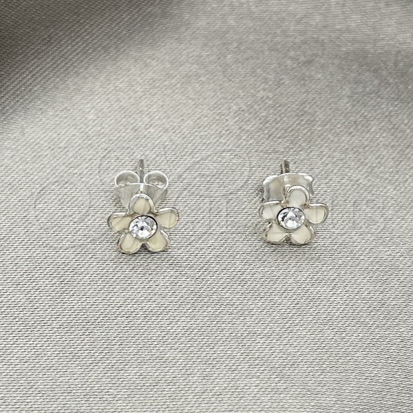 Arete Dormilona 02.406.0005.03 Plata Rodinada, Diseño de Flor, Esmaltado Blanco, Tono Plateado