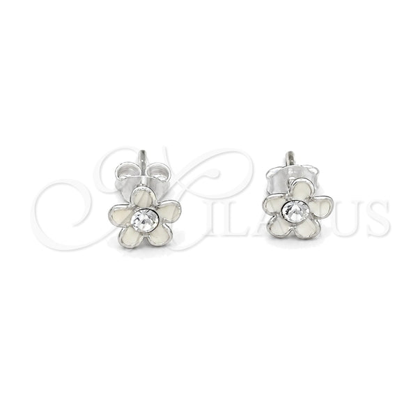 Arete Dormilona 02.406.0005.03 Plata Rodinada, Diseño de Flor, Esmaltado Blanco, Tono Plateado