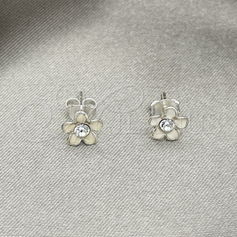 Arete Dormilona 02.406.0005.03 Plata Rodinada, Diseño de Flor, Esmaltado Blanco, Tono Plateado