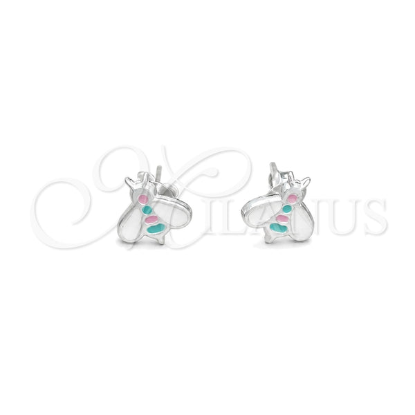 Arete Dormilona 02.406.0006.01 Plata Rodinada, Diseño de Abeja, Esmaltado Blanco, Tono Plateado