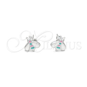 Arete Dormilona 02.406.0006.01 Plata Rodinada, Diseño de Abeja, Esmaltado Blanco, Tono Plateado