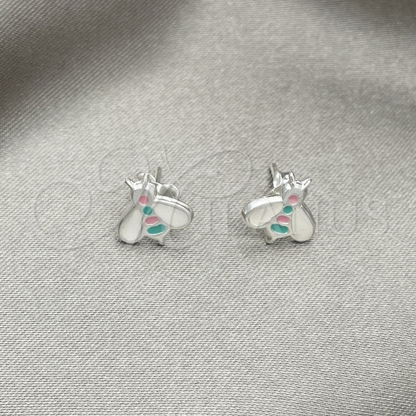 Arete Dormilona 02.406.0006.01 Plata Rodinada, Diseño de Abeja, Esmaltado Blanco, Tono Plateado