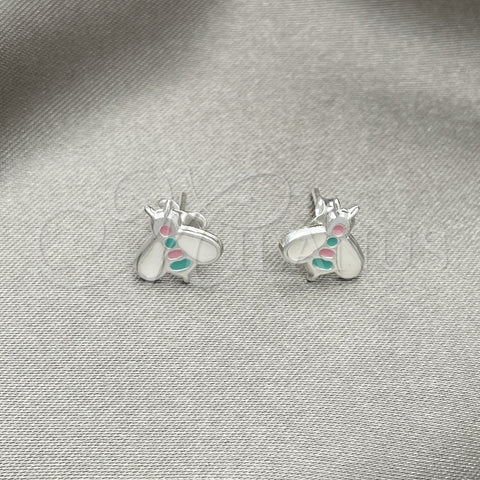 Arete Dormilona 02.406.0006.01 Plata Rodinada, Diseño de Abeja, Esmaltado Blanco, Tono Plateado