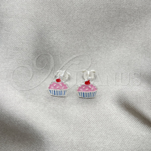 Arete Dormilona 02.406.0009.01 Plata Rodinada, Diseño de Cupcake, Esmaltado Rosado, Tono Plateado
