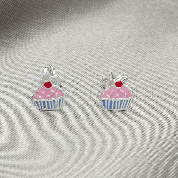 Arete Dormilona 02.406.0009.01 Plata Rodinada, Diseño de Cupcake, Esmaltado Rosado, Tono Plateado