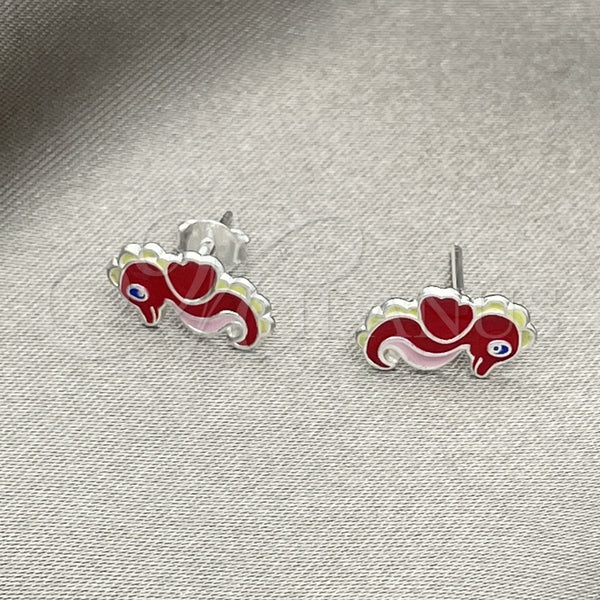 Arete Dormilona 02.406.0011.01 Plata Rodinada, Diseño de Caballo de Mar, Esmaltado Rojo, Tono Plateado