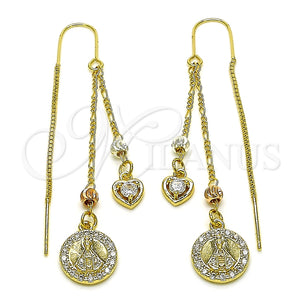 Arete Violador 02.253.0076 Oro Laminado, Diseño de Caridad del Cobre y Corazón, con Blanca Zirconia Cubica, Pulido, Tres Tonos