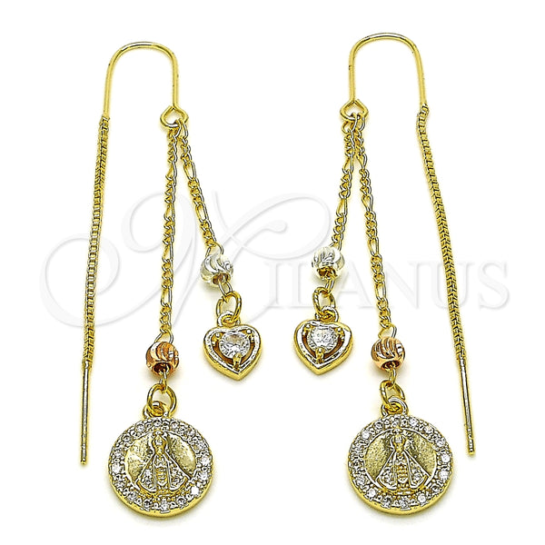 Arete Violador 02.253.0076 Oro Laminado, Diseño de Caridad del Cobre y Corazón, con Blanca Zirconia Cubica, Pulido, Tres Tonos