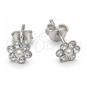 Arete Dormilona 02.406.0013.02 Plata Rodinada, Diseño de Flor, con Cristal Blanca, Pulido, Tono Plateado