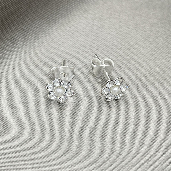 Arete Dormilona 02.406.0013.02 Plata Rodinada, Diseño de Flor, con Cristal Blanca, Pulido, Tono Plateado