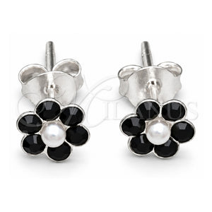 Arete Dormilona 02.406.0013.03 Plata Rodinada, Diseño de Flor, con Cristal Negro, Pulido, Tono Plateado