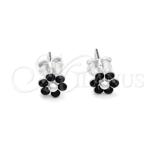 Arete Dormilona 02.406.0013.03 Plata Rodinada, Diseño de Flor, con Cristal Negro, Pulido, Tono Plateado