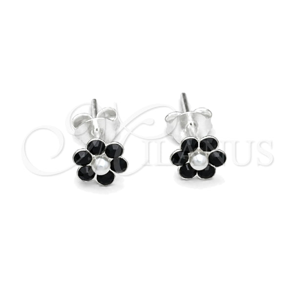 Arete Dormilona 02.406.0013.03 Plata Rodinada, Diseño de Flor, con Cristal Negro, Pulido, Tono Plateado