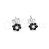 Arete Dormilona 02.406.0013.03 Plata Rodinada, Diseño de Flor, con Cristal Negro, Pulido, Tono Plateado