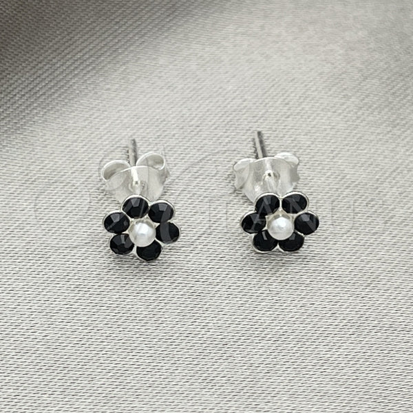 Arete Dormilona 02.406.0013.03 Plata Rodinada, Diseño de Flor, con Cristal Negro, Pulido, Tono Plateado