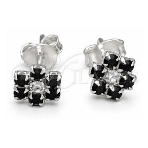 Arete Dormilona 02.406.0015.01 Plata Rodinada, Diseño de Flor, con Cristal Negro, Pulido, Tono Plateado