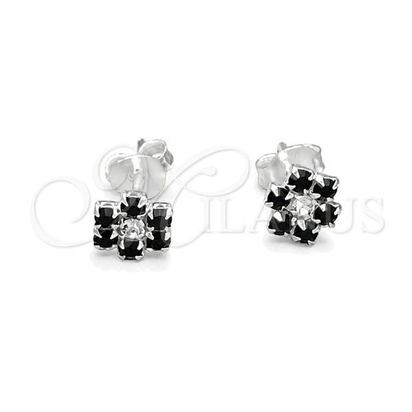 Arete Dormilona 02.406.0015.01 Plata Rodinada, Diseño de Flor, con Cristal Negro, Pulido, Tono Plateado