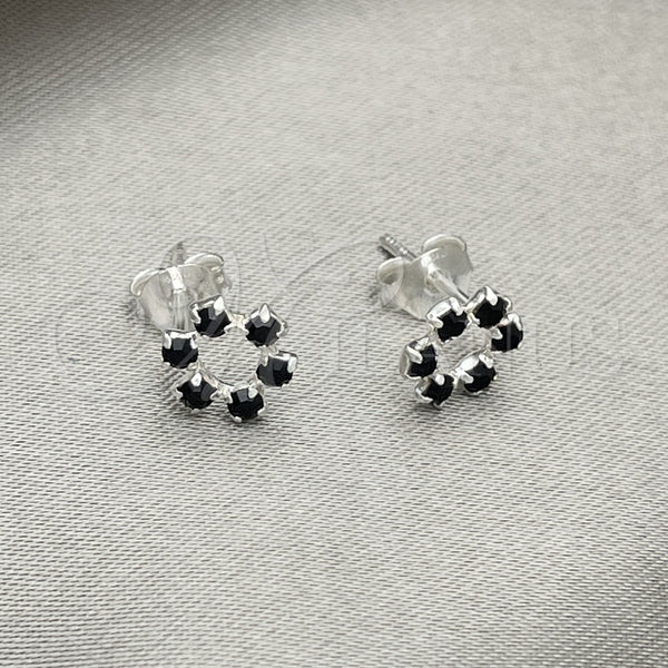 Arete Dormilona 02.406.0016.01 Plata Rodinada, Diseño de Flor, con Cristal Negro, Pulido, Tono Plateado