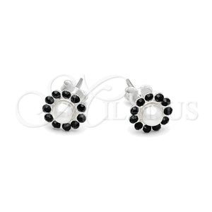 Arete Dormilona 02.406.0018.01 Plata Rodinada, Diseño de Flor, con Cristal Negro, Pulido, Tono Plateado
