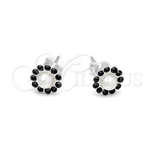 Arete Dormilona 02.406.0018.01 Plata Rodinada, Diseño de Flor, con Cristal Negro, Pulido, Tono Plateado